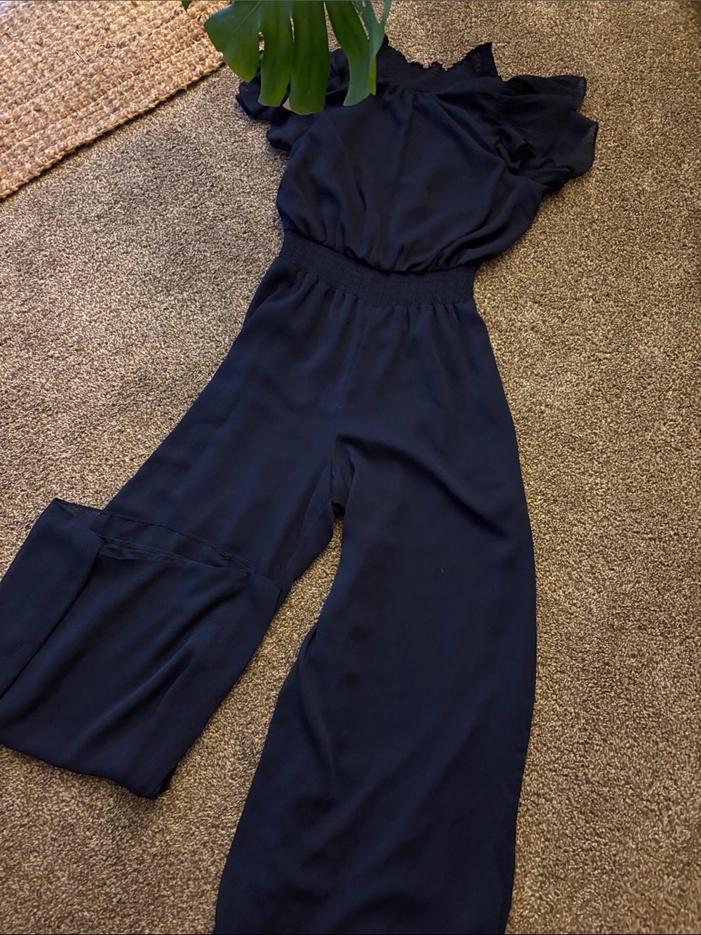 Navy Ruffle-Sleeve Wide-Leg Jumpsuit